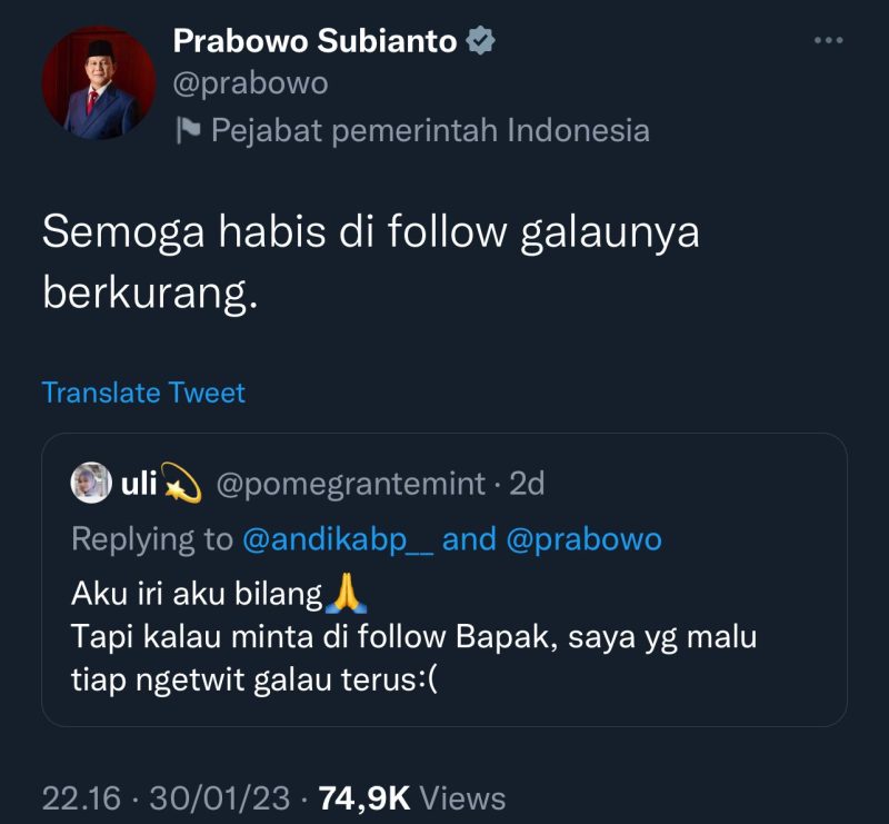 Akun Twitter Menteri Pertahanan Prabowo Subianto diserbu netizen lantaran adanya follback. (Dok. Tim Media Prabowo Subianto)