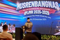 Presiden Prabowo Subianto berpidato di Musyawarah Perencanaan Pembangunan Nasional (Musrembangnas), Rencana Pembangunan Jangka Menengah Nasional tahun 2025 di gedung Bappenas, Senin (30/12/2024). (Dok. TIm Media Prabowo)