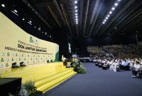 Presiden RI Prabowo Subianto saatmemperingati HUT ke-61 Partai Golkar di Istora Senayan, Jakarta. (Dok. Tim Media Prabowo)